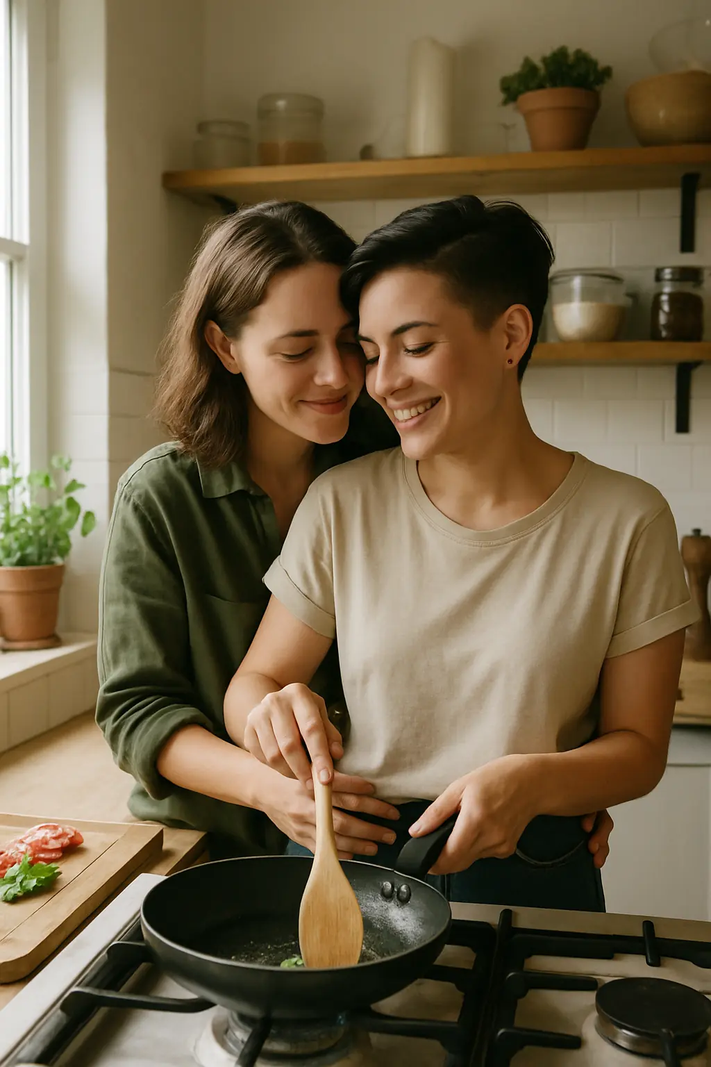 Lesbian couple cooking together