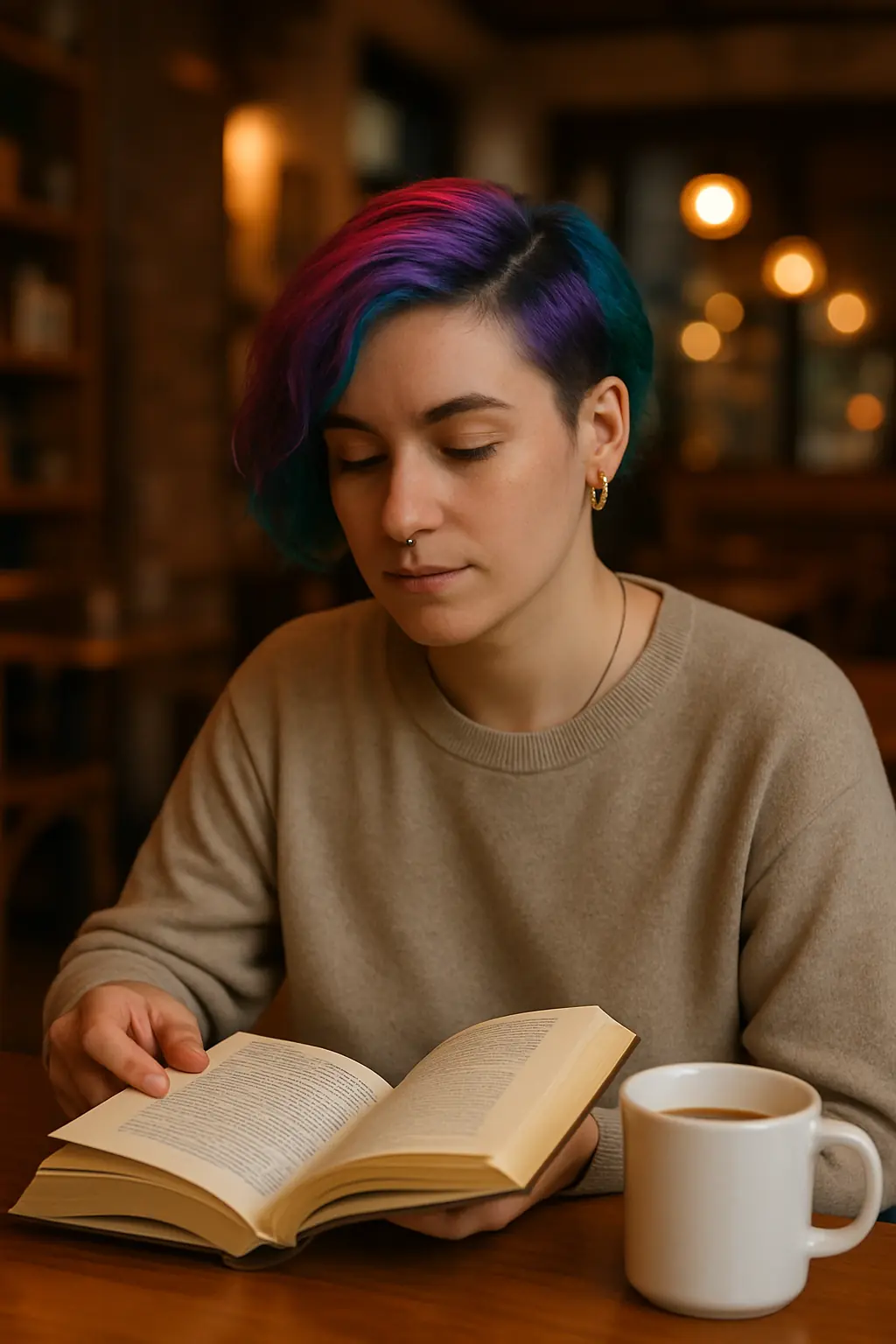 Non-binary person reading in coffee shop