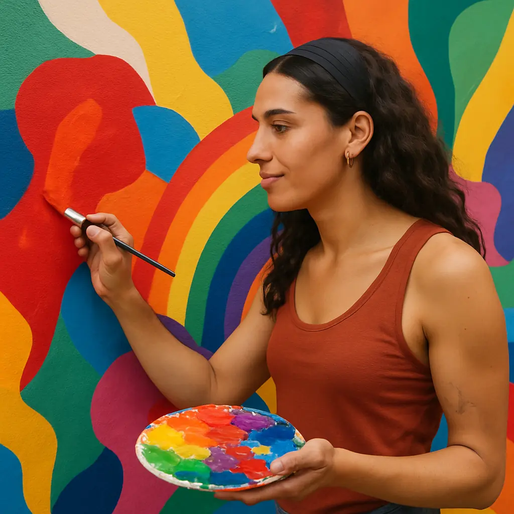 Transgender woman artist painting mural