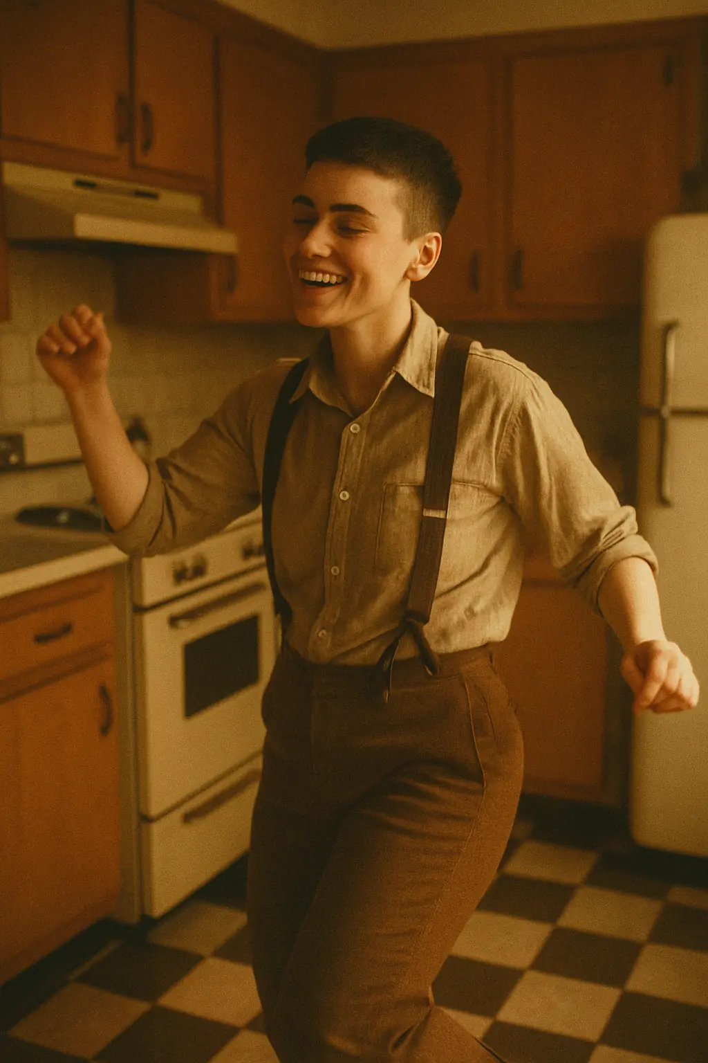 Joyful person dancing in vintage kitchen